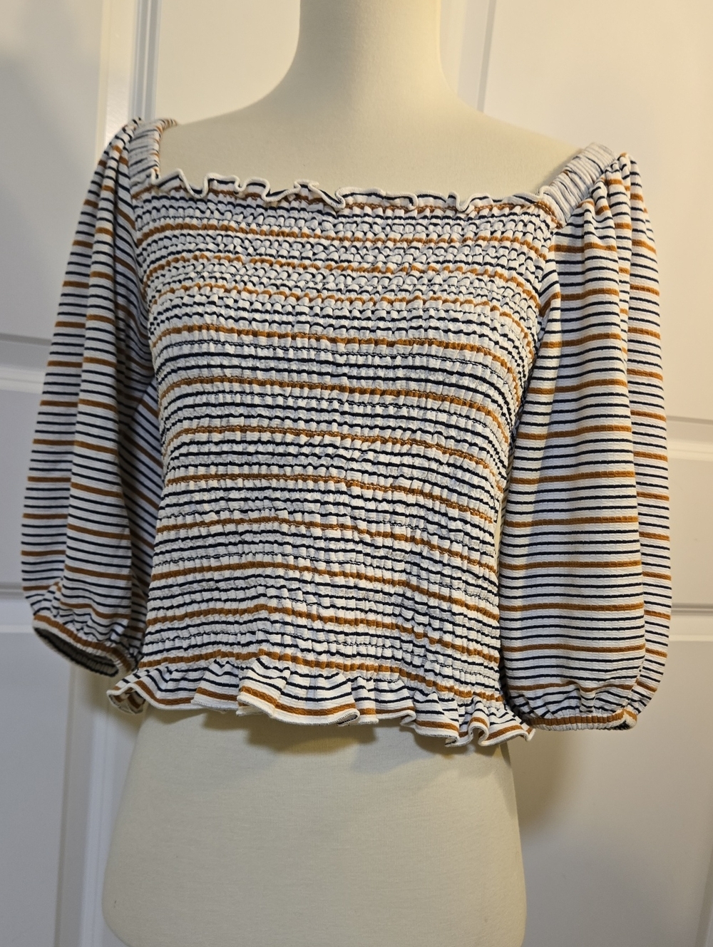 LOFT Smocked Puff Sleeve Crop Top in White, Black & Tan Stripes